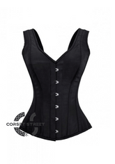 Black Satin Shoulder Strap Gothic Burlesque Bustier Waist Training Overbust Corset Costume